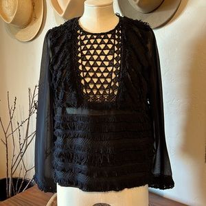 Antik Batik Black Top with Fringe Size S